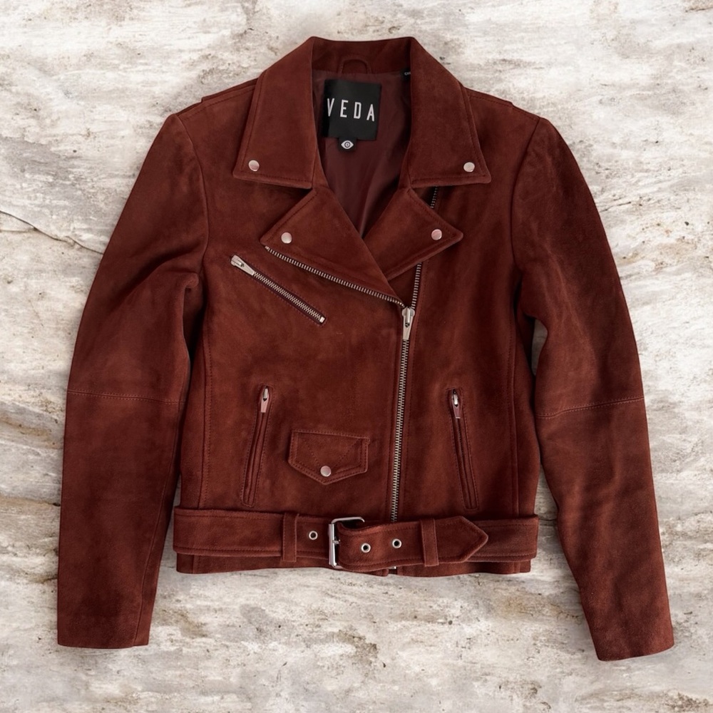 VEDA Jayne Goat Leather Suede Moto Motorcycle Biker Brown Jacket Size S